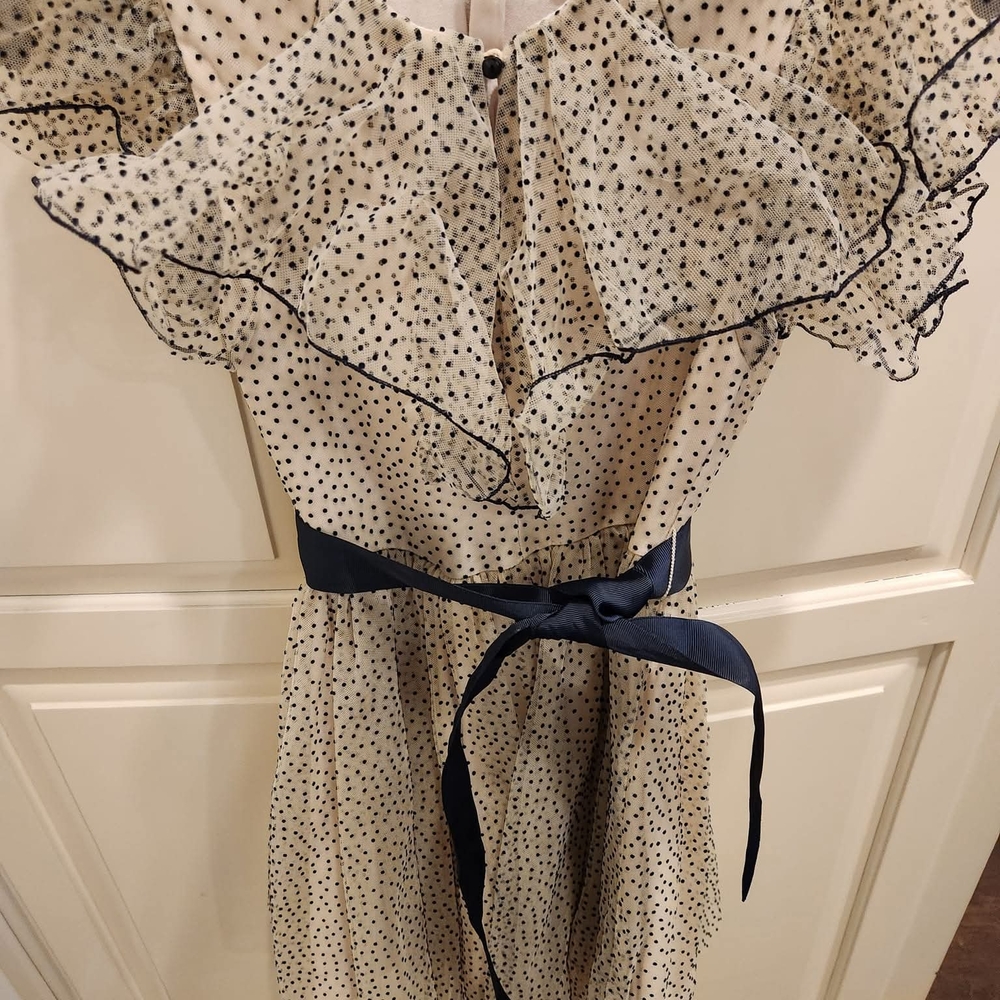 Abel & Lula Girls Sand and Navy Polka Dot Flocked Tulle Dress